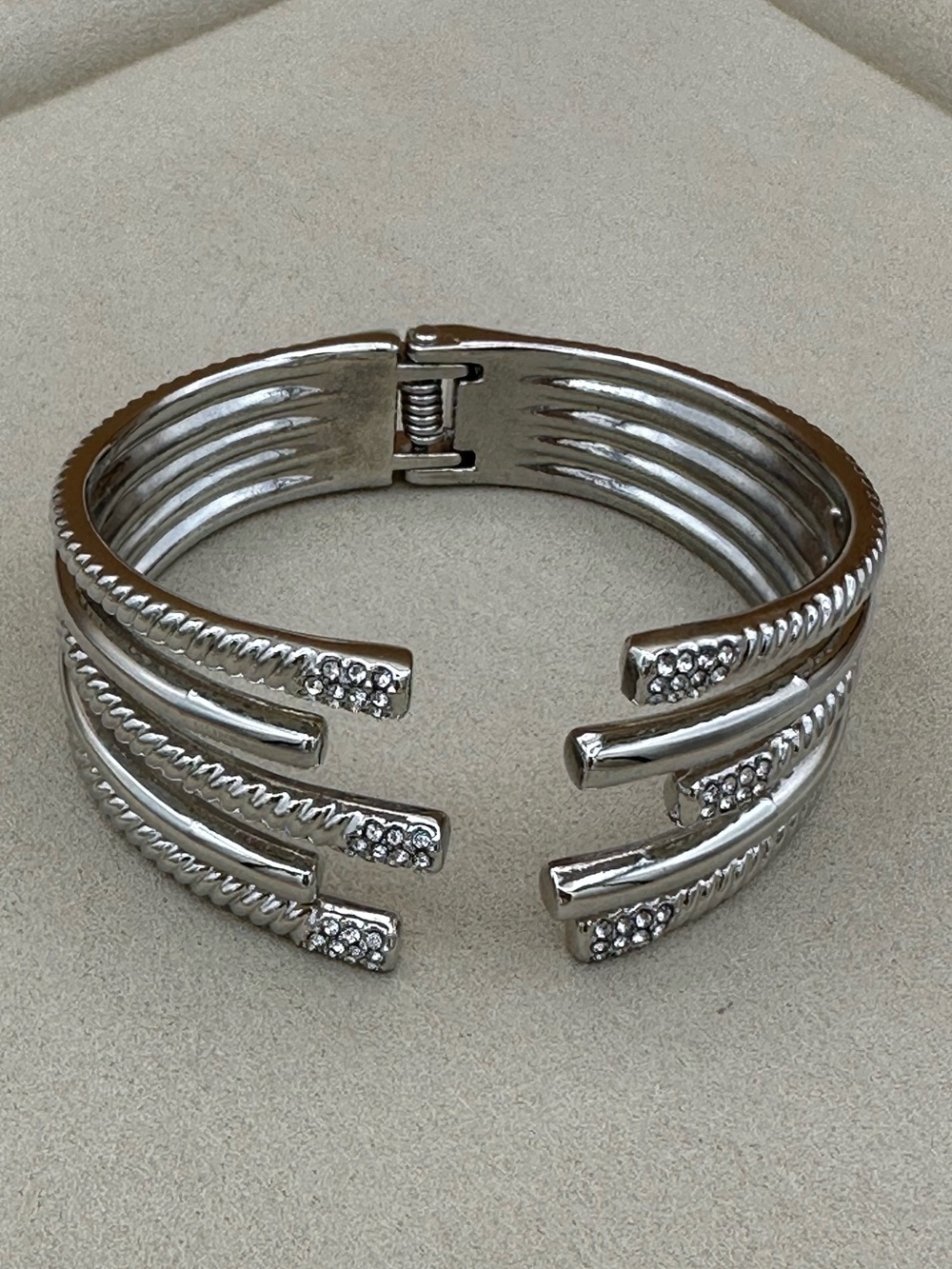 Silver Multi Strand Hinged Cuff Cable Rope Rhinestone Statement Bracelet